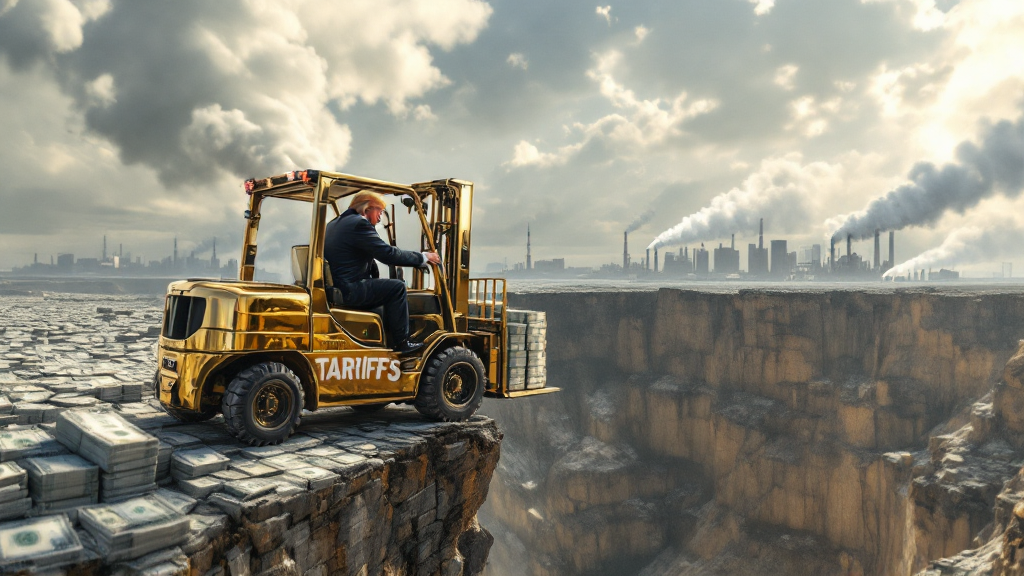 Forklift made of gold and cash about to fall off a cliff near a fake Trump factory.