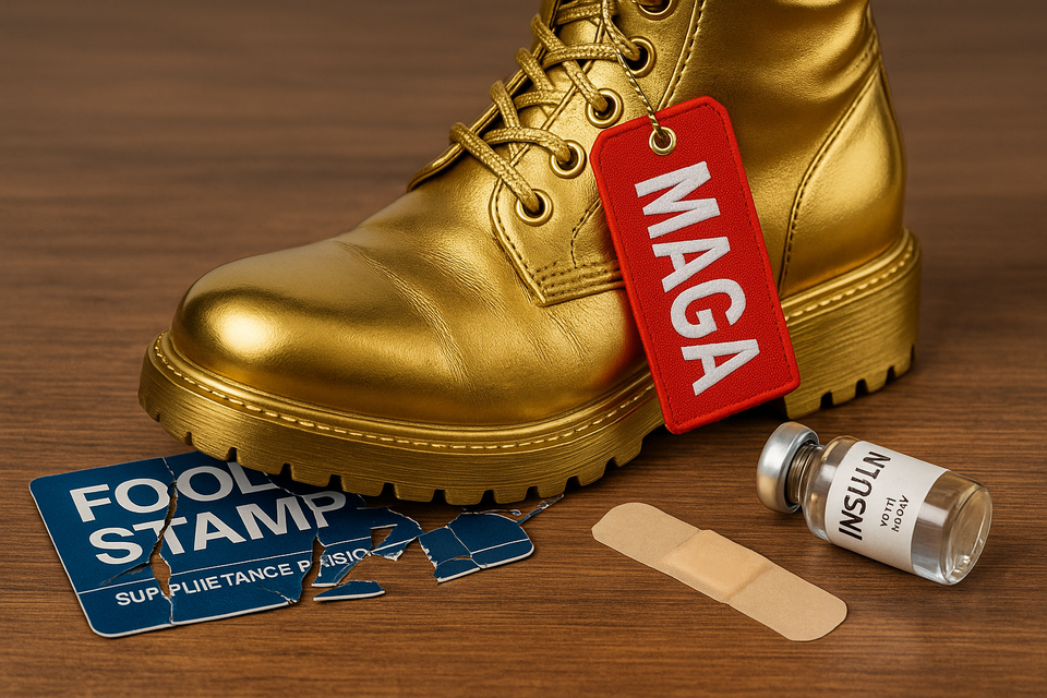 A shiny boot labeled "MAGA” crushing food stamps and Medicaid forms with dollar bills floating behind it.