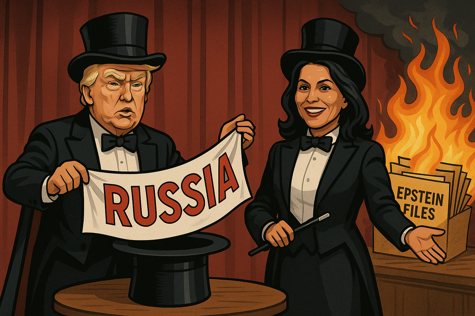A magic show stage with Trump and Tulsi in magician outfits pulling a “Russia” banner from a hat while Epstein files burn in the background.