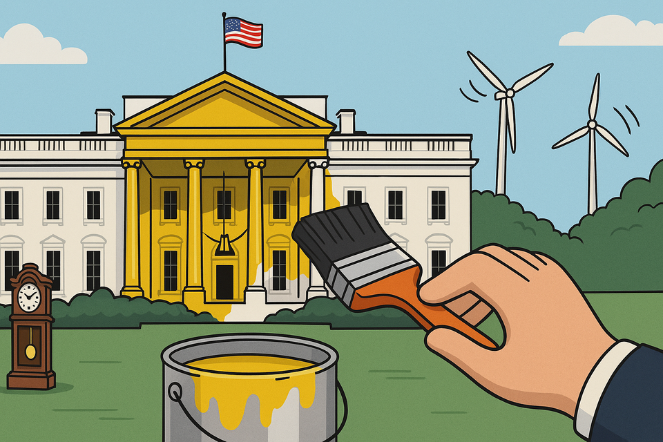 Satirical cartoon of a hand painting the White House gold, with wind turbines in the background and a grandfather clock on the lawn.