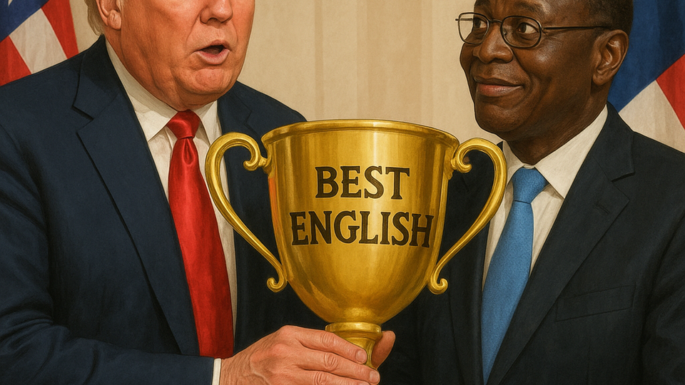 Trump handing Liberia’s president a giant gold “Best English” trophy with confused expression